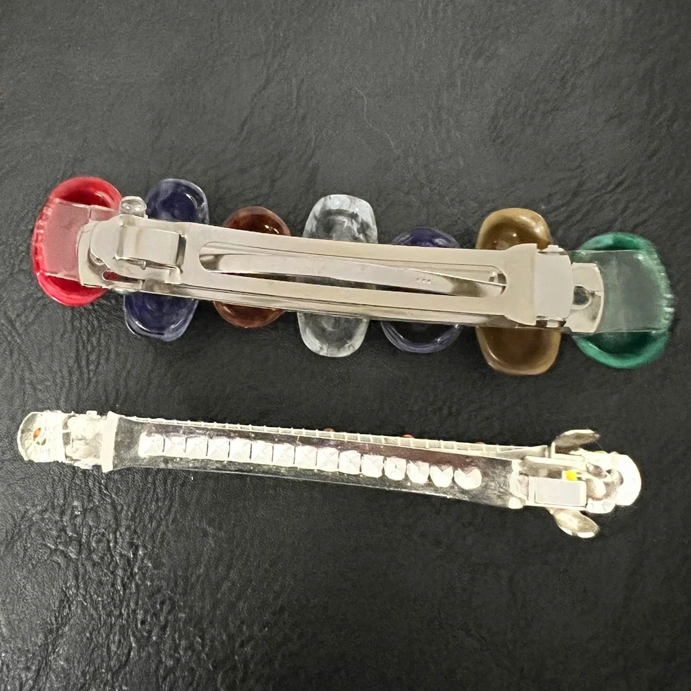 Vintage Multi Color Cabochon & Seed Bead Hair Barrette Clip Set 3 Inch Eclectic
